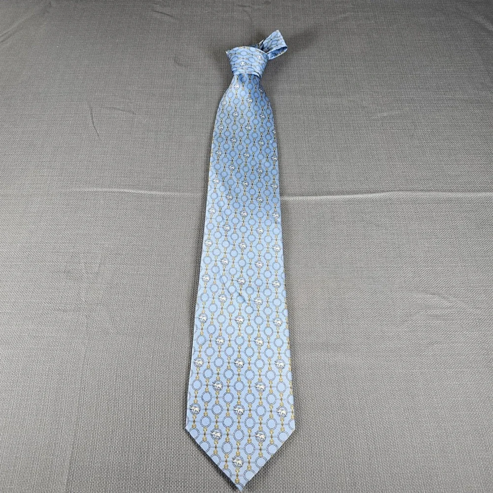 Como House Italy‎ Mens Silk Tie Light Blue Elephant Horsebit Unique Pattern